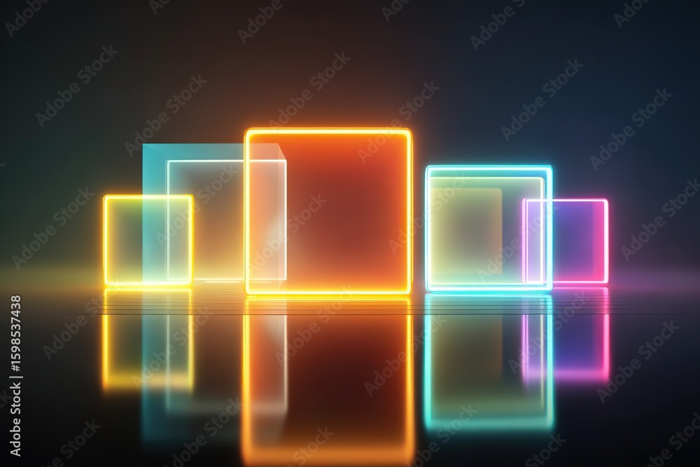 Poster neon shapes create a futuristic design with glowing reflections in a dark environment