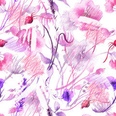 Watercolor seamless pattern, background with a floral pattern. aster, poppy, cornflower,pansies, viola, field or garden flowers. A blurred silhouette of fairy-tale herbs and flowers in the forest. 

