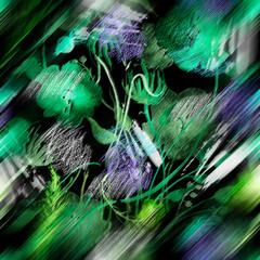 Watercolor seamless pattern, background with a floral pattern. aster, poppy, cornflower,pansies, viola, field or garden flowers. A blurred silhouette of fairy-tale herbs and flowers in the forest. 

