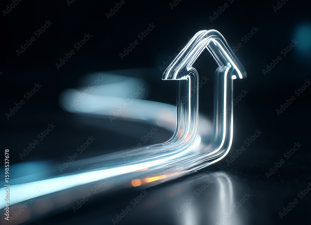 Poster a vibrant teal neon arrow is seen ascending against a dark backdrop with pink and blue streaks of li