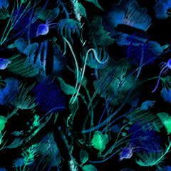 Watercolor seamless pattern, background with a floral pattern. aster, poppy, cornflower,pansies, viola, field or garden flowers. A blurred silhouette of fairy-tale herbs and flowers in the forest. 

