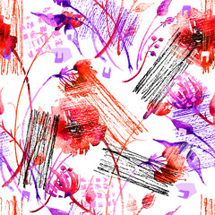 Watercolor seamless pattern, background with a floral pattern. aster, poppy, cornflower,pansies, viola, field or garden flowers. A blurred silhouette of fairy-tale herbs and flowers in the forest. 

