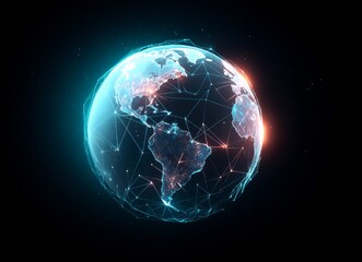 Against a dark backdrop, a stylized globe of the earth is illuminated with neon lights and orbited by swirling digital energy streams and particles