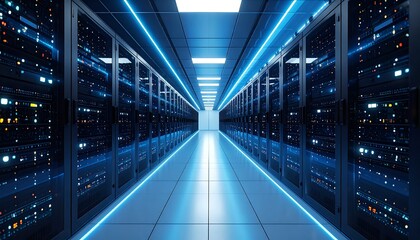 Server room corridor lit by blue light