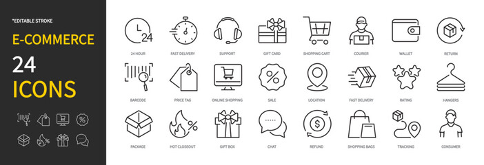 E-commerce icon set. Online shopping, courier, wallet, barcode, price tag, sale, location, rating, hangers, package, gift box, refund, tracking, consumer, etc. Vector illustration. Editable stroke.
