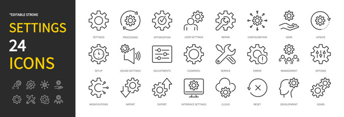 Settings icon set. Processing, optimization, repair, configuration, gear, update, setup, adjustment, cogwheel, options, modifications, import, export, reset, etc. Vector illustration. Editable stroke.