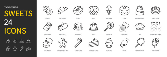 Sweets food icon set. Cookies, croissant, cake, jelly, chocolate, pie, ice cream, candy, donut, cupcake, lollipop, pancakes, crackers, buns, bagel, macaroon, etc. Editable stroke, vector illustration.