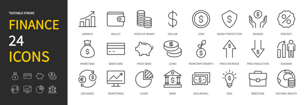 Finance icon set. Business, economy, coin, savings, money bag, bank card, piggy bank, price, diagram, exchange, monitoring, chart, dollar bill, briefcase, etc. Editable stroke, vector illustration.
