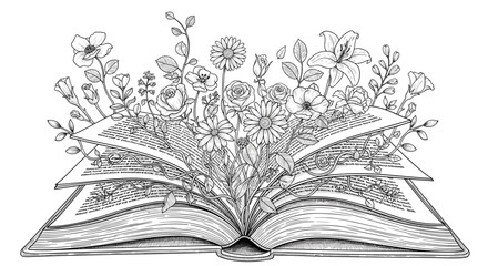 Open book with blooming flowers and plants, black and white illustration, whimsical design, copy space