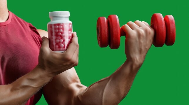 Male athlete holding supplements and dumbbell against green background