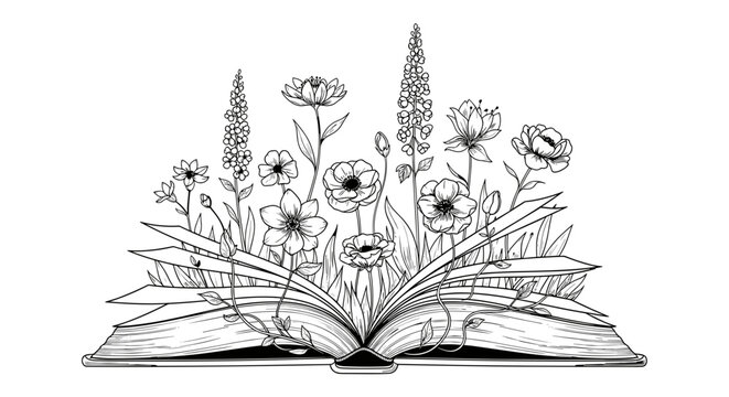 Open book with tall flowers and plants sprouting out, black and white illustration, whimsical design, copy space