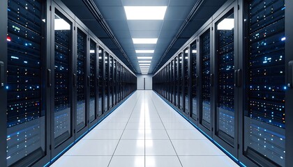 Server room corridor, rows of dark cabinets