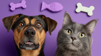 Obraz premium Cute dog and cat with purple treats on lavender background