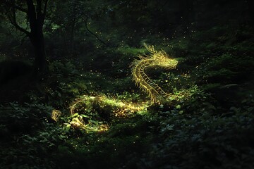 Magical golden dragon illuminated in a lush green forest, fantasy art and mythical creature concept.