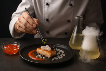 Molecular gastronomy dish being finished by chef