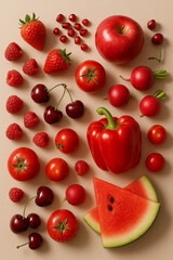Red fruits and vegetables composition on beige background