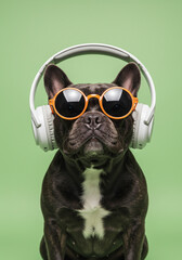 Funny French Bulldog wearing sunglasses and headphones against a pastel background.