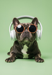 Funny French Bulldog wearing sunglasses and headphones against a pastel background.