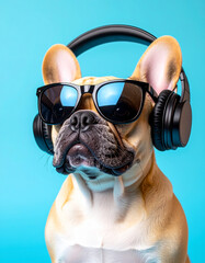 Funny French Bulldog wearing sunglasses and headphones against a pastel background.