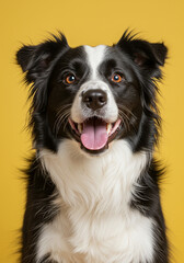 Close-up of a happy and exuberant adult Border Collie dog with an open-mouthed smile.
