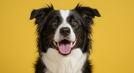 Close-up of a happy and exuberant adult Border Collie dog with an open-mouthed smile.