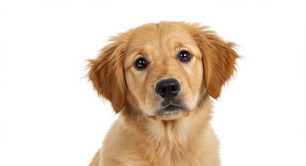 Super cute studio portrait of a Golden Retriever puppy tilting its head with curiosity.