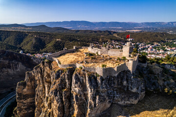 Boyabat Castle in Boyabat District. Sinop, Turkey. Aerial view of Boyabat Castle. Drone shot.
