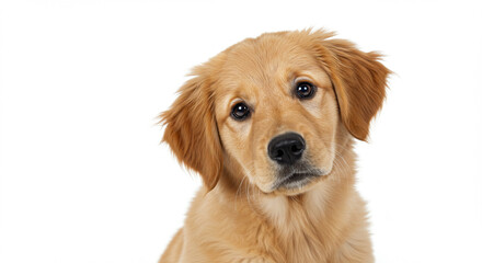 Super cute studio portrait of a Golden Retriever puppy tilting its head with curiosity.