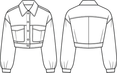 Fashion illustration of cropped jacket with front and back views, detailed stitching, modern outerwear design sketch for trendy apparel reference