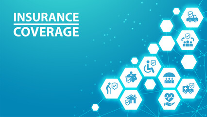 Insurance coverage. Blue concept with icons related to safety and protection, security, insured risks and liability. Health care, risk, help service. Car accident, travel insurance, flight protection.