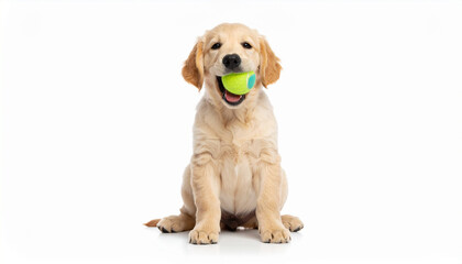 Happy Golden Retriever puppy sitting with a tennis ball in its mouth in a white background studio.