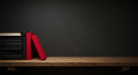 Books on Rustic Wooden Shelf Against Dark Wall Red Accents.