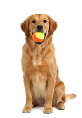 Happy Golden Retriever puppy sitting with a tennis ball in its mouth in a white background studio.