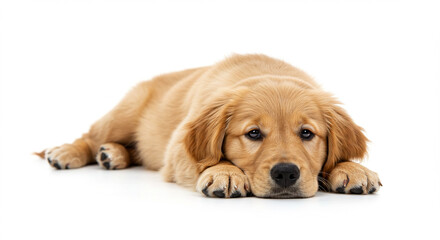 Adorable Golden Retriever puppy lying down with a sleepy expression on a clean white background.