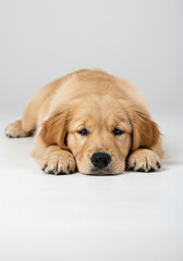 Adorable Golden Retriever puppy lying down with a sleepy expression on a clean white background.