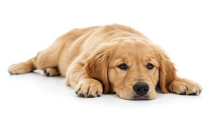 Adorable Golden Retriever puppy lying down with a sleepy expression on a clean white background.