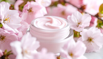 Pink cream jar with cherry blossom.