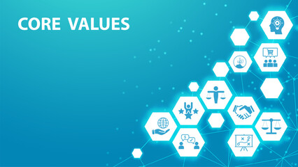Core Values - Mission, integrity value icon set with vision, honesty, passion, and collaboration as the goal or focus.