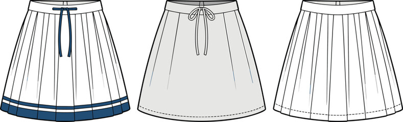 Fashion illustration of pleated skirts, drawstring waists, and stylish hemlines, trendy women’s apparel designs, technical garment sketch reference