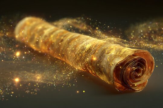 Glowing golden scroll with light particles, representing knowledge, wisdom, and secrets, on dark background. - Powered by Adobe