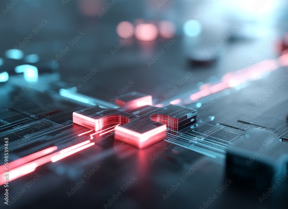 Poster bright red and blue light streaks illuminate a dark surface with circuit patterns, which is dominate