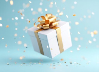 With gold confetti and ribbons scattered around, a white gift box wrapped with a gold ribbon hovers against a gradient blue background, exuding a sense of celebration