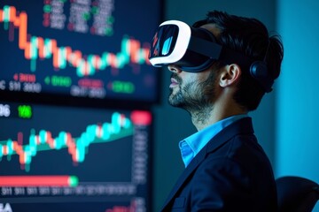 Businessperson using VR headset to analyze virtual financial data.