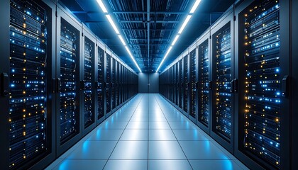 Server room, lit with bright blue and yellow lights