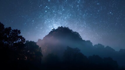 Starry night sky over misty mountains. Landscape shows ethereal scene. Great for book covers, web design, and nature publications.