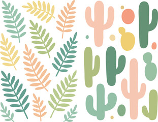 Obraz premium Pastel colored flat design leaves and cacti pattern.