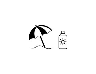 Vector illustration of cartoon umbrella and sunscreen bottle