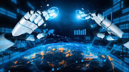Futuristic digital concept featuring robotic hands reaching towards Earth, surrounded by vibrant data streams, representing the intersection of technology and innovation. Xenic