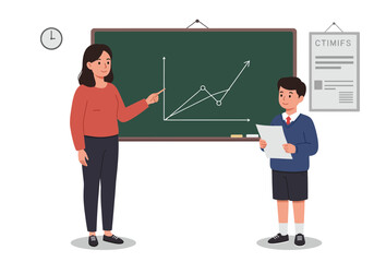 A teacher pointing at a graph on a blackboard while a student holds a paper in a classroom setting.