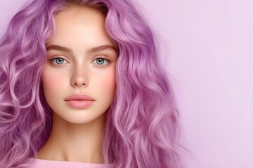 Woman with long pastel lilac wavy hair, Studio beauty portrait on soft violet background, Minimalist fashion headshot, Modern clean look, Copy space for text

